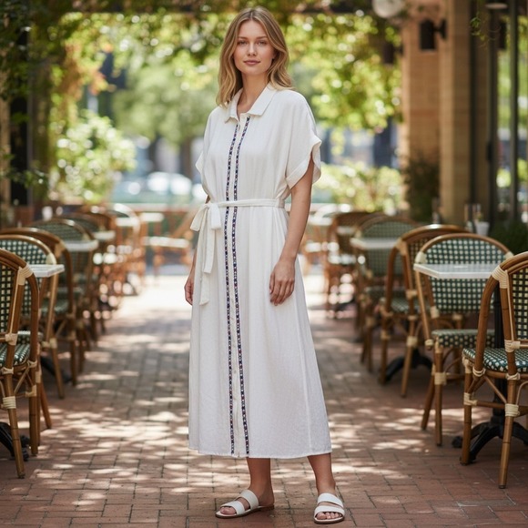 Sonoma Goods For Life Dresses & Skirts - Now + Gen x Sonoma White Embroidered Tassel Belted Shirt Dress Plus Size 2X